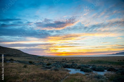 Dramatic vibrant sunset scenery in Antelope Island State Park, Utah