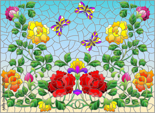Illustration in stained glass style with intertwined roses and butterflies on a blue background, horizontal orientation