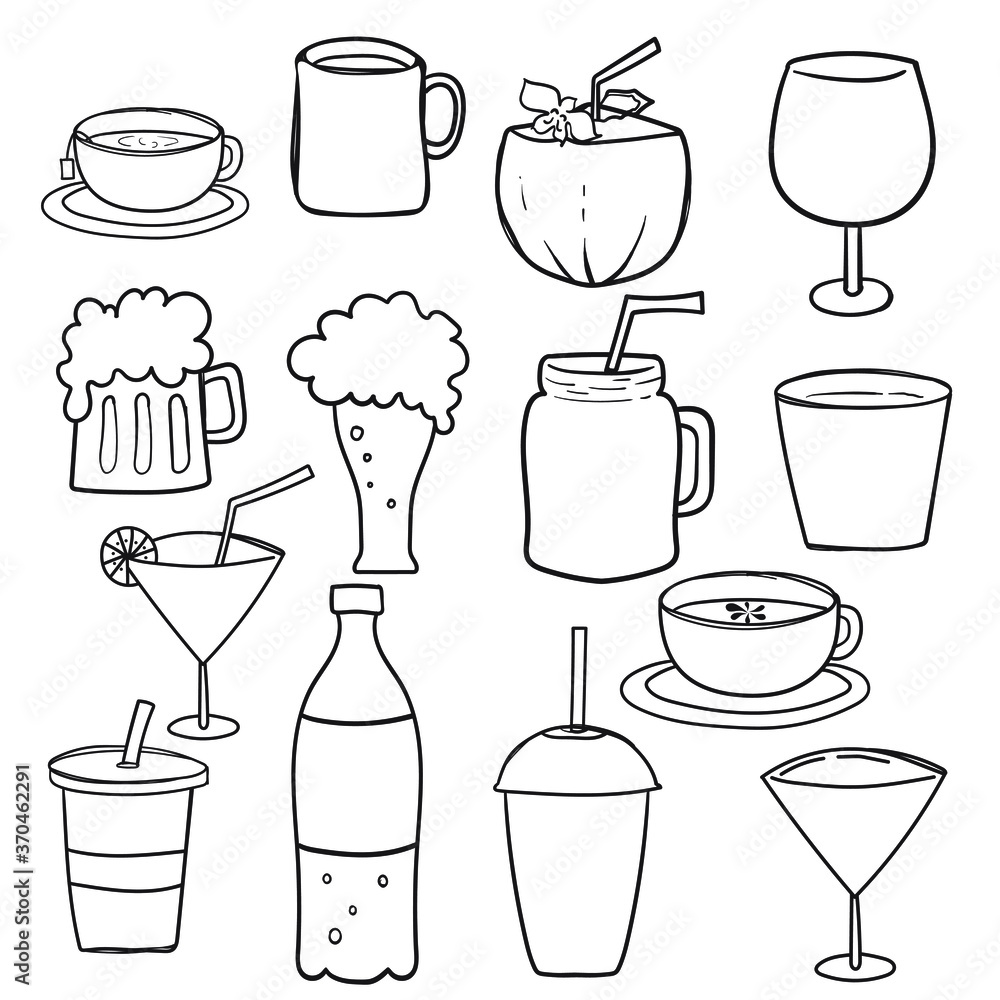 Obraz premium Hand drawn simple sketches of various types of drinks. Vector freehand illustration isolated on white background.