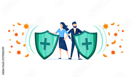 Virus germs and bacteria protection. Healthy immune system, adult man and woman protected from viruses and bacterias