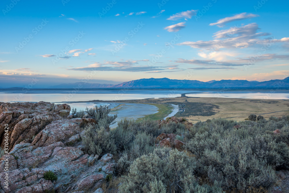 An overlooking landscape view of Antelope Island State Park, Utah