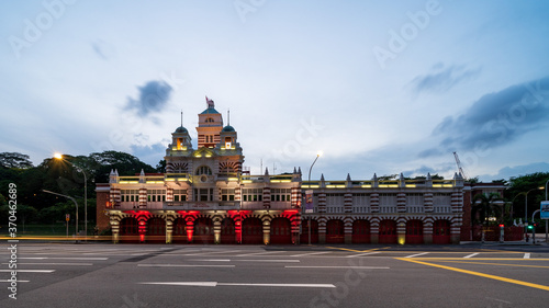 The Central Fire Station illuminated in red and white for National Day 2020 celebration. photo