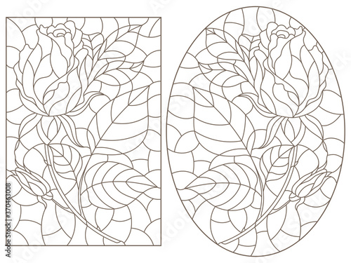 A set of contour illustrations of stained glass Windows with rosees in frames, dark contours on a white background, oval and rectangular image
