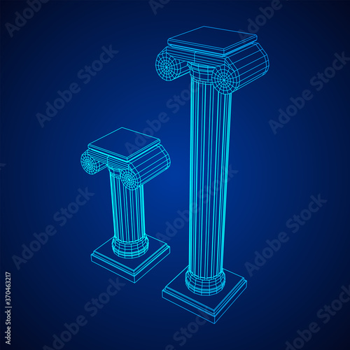 Greek ionic column. Ancient pillars roman antique architecture construction decoration. Wireframe low poly mesh vector illustration.