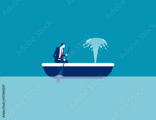 Rowing boat and watching the water squirting inside. Boat is sinking concept