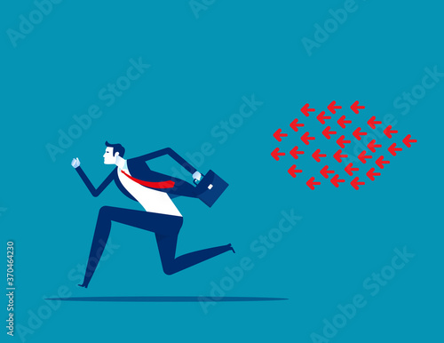 Running away from attacking arrow. Business sign and symbol concept