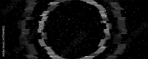 Glitch laser neon circle and stars on black sky background. Retro futuristic 80s - 90s abstract vector design