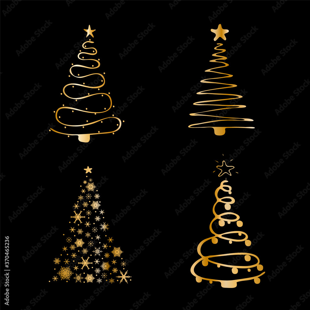 Set of gold christmas tree icons. Xmas symbol, simple pictogram collection. Winter season design element. New year silhouette sign. Vector illustration in flat style. Set of gold christmas tree icons. Xmas symbol, simple pictogram collection. Winter season design element. New year silhouette sign. Vector illustration in flat style.