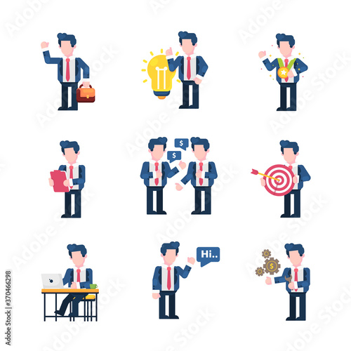 Business and finance vector Illustration flat design style, go to work, idea, award, analysis, deal, target, work, hi, money setting