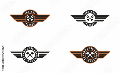 Set of color illustrations of crossed piston, wings and text on a white background. Vector illustration in vintage style advertising of American motorcycles. Biker club logo.