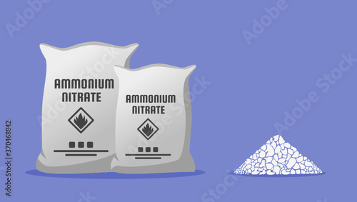 Ammonium Nitrate NH4NO3 in Sack Bag Container and The Sample. Chemical Compound Used for Agriculture Fertilizer and Explosive Mixtures Component for Mining, Quarrying, and Civil Construction.
