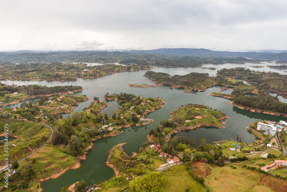 image from above of landscape with lake and islands in Embalse Del Peñol