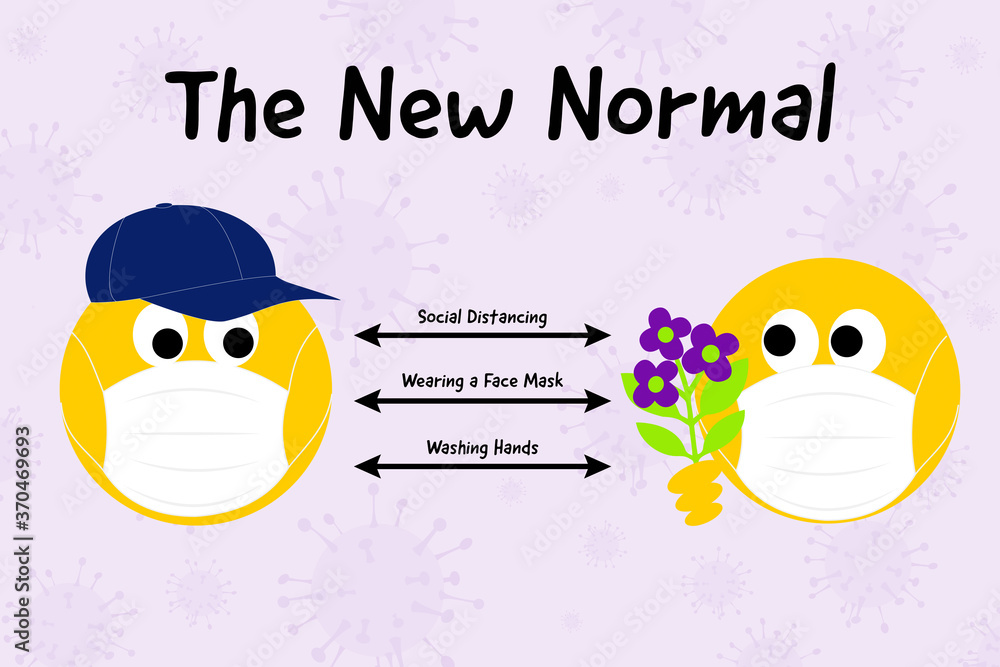 The new normal dating during covid 19 pandemic, two emojis meeting, wear mask, social distance and wash hands text, coronavirus concept. The new normal dating during covid 19 pandemic, two emojis meeting, wear mask, social distance and wash hands text, coronavirus concept.
