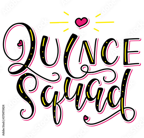 Quince squad - lettering for Latin American girl birthday celebration. Colored lettering for Quinceanera party, vector illustration.