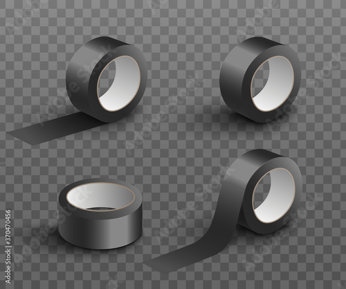 Realistic black adhesive tape roll mockup set from different sides