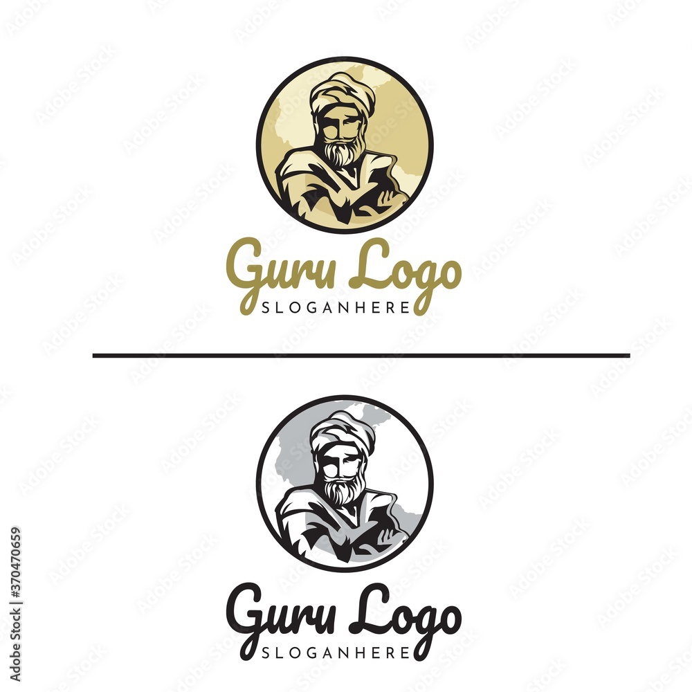 Man / Guru / Sultan With Beard And Turban Arabian / Muslim Style Logo Design Character Cartoon Vector Illustration  