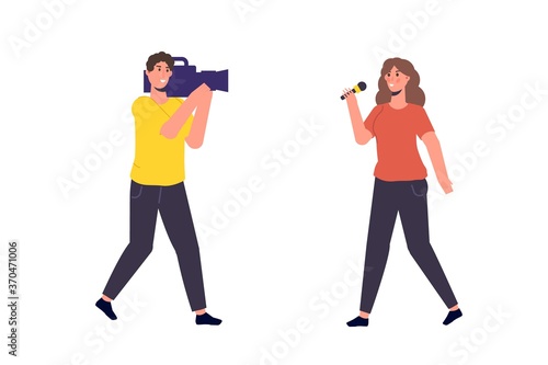 TV reporter character, Journalist special correspondent and camera man concept. Vector illustration.