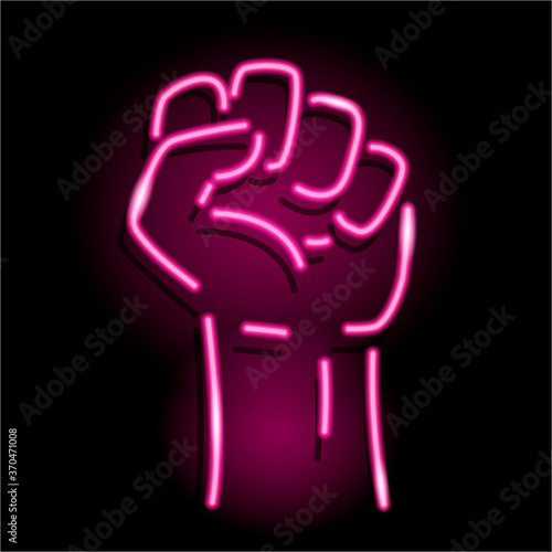 Neon icon of raised fist isolated on black background.  Sign of human hand up. Protest, strength, victory, power, solidarity concept. Night signboard style. Vector 10 EPS illustration.