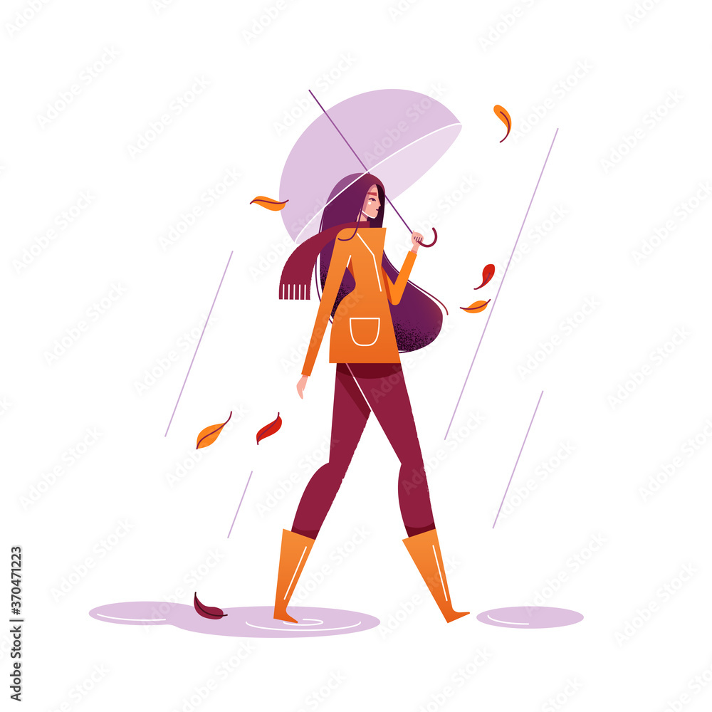 Obraz premium Young woman is walking under an umbrella in the rain. The girl is wearing in the coat and rubber boots. Lifestyle in autumn concept, rainy weather. Character in modern flat design, vector illustration
