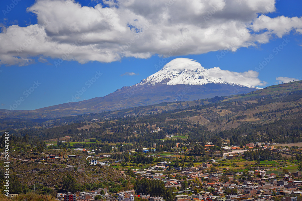The Chimborazo volcano and the village of Guano, Ecuador. 