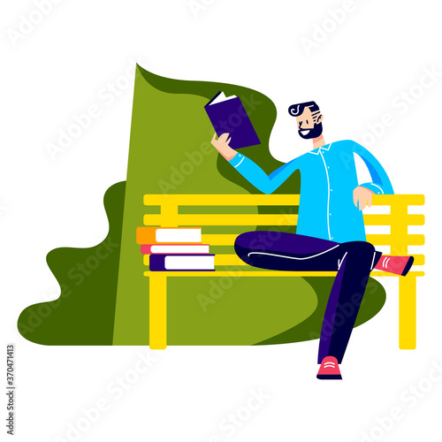 Man sitting on bench in park and reading books. Cartoon character learning or preparing for exams