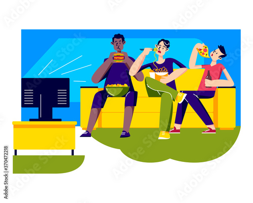 People eating junk food while watching tv. Unhealthy nutrition and fast food concept