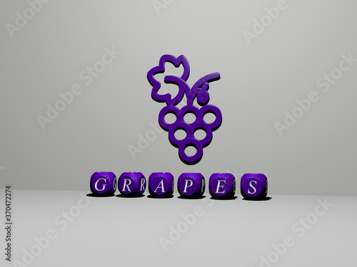 grapes 3D icon on the wall and text of cubic alphabets on the floor. 3D illustration. background and wine photo