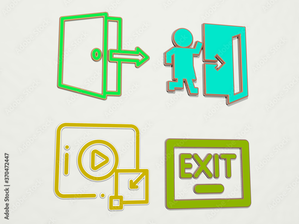 EXIT 4 icons set. 3D illustration. background and door EXIT 4 icons set. 3D illustration. background and door