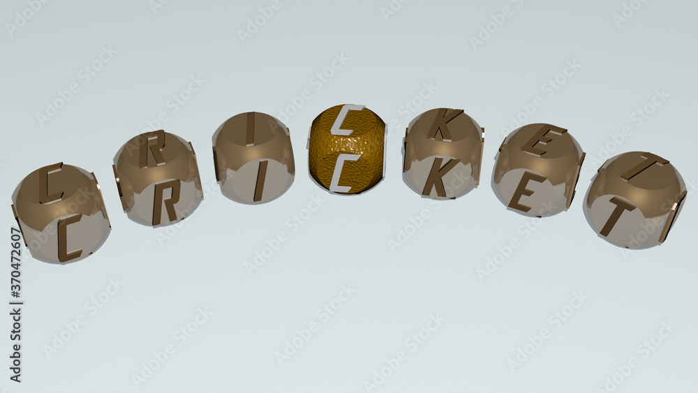 CRICKET curved text of cubic dice letters. 3D illustration. background and ball CRICKET curved text of cubic dice letters. 3D illustration. background and ball