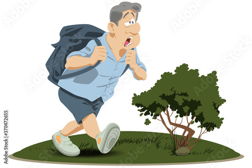 Tired man with heavy backpack. Funny people