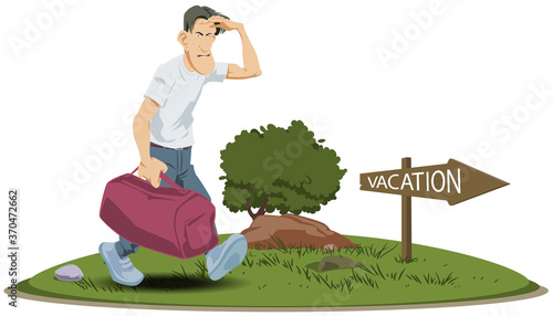 Tired man with heavy bag about sign. Funny people