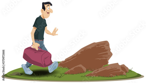 Cartoon man with heavy bag. Funny people