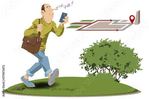 Tourist travels on navigator in phone. Funny people