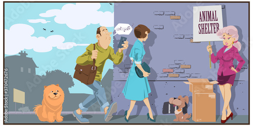 Girl collecting money on animal shelter. Funny people.