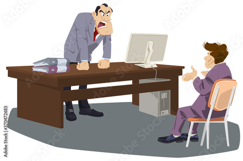 Boss screaming at subordinate. Businesman shouts at collegue. Funny people
