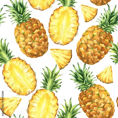 Watercolor pineapple seamless pattern, hand drawn repeating background.