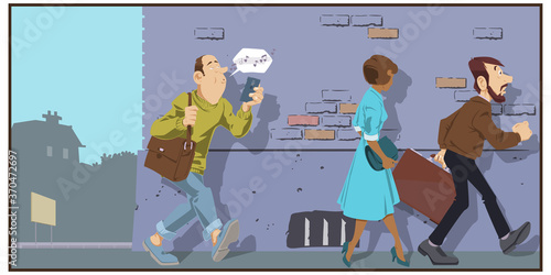 Cartoon business people walking to work.