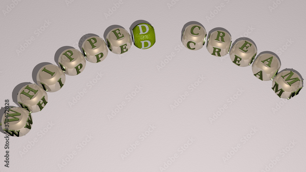 whipped cream text of dice letters with curvature. 3D illustration. chocolate and background whipped cream text of dice letters with curvature. 3D illustration. chocolate and background