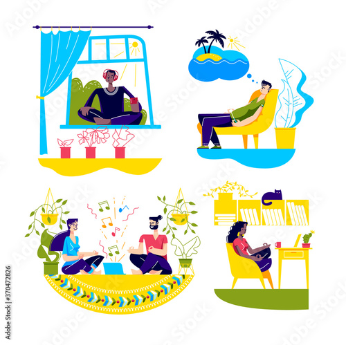 Home meditation set with people staying home and practicing yoga while quarantine