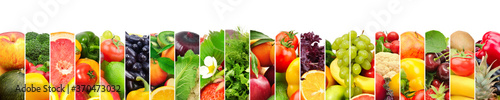 Panoramic image healthy fruits and vegetables in vertical strip isolated on white background.