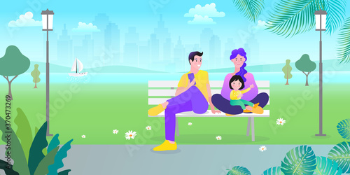 Happy young family - parents, daughters sitting in the park. Illustration. © 365 days studio
