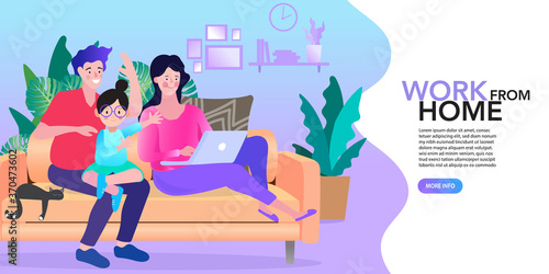 Parents and daughters are happy to be at home. happy family, travel and psychotherapy, family health care. Vector illustration in a flat style.