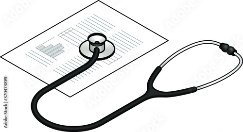 Concept: business document examination / analysis. Profit, loss, performance. Stethoscope on a printed page.