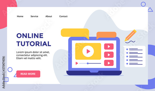 Online tutorial video playing on display monitor laptop campaign for web website home homepage landing page template banner with modern flat style.