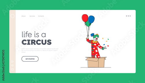 Big Top Circus Show Artist Landing Page Template. Female Clown Character Pop Up from Huge Carton Box with Balloons photo