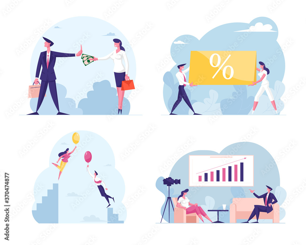 Set Male and Female Business Characters Flying on Balloon, Businessman Refuse to Take Bribe, Sale or Discount, TV News Set Male and Female Business Characters Flying on Balloon, Businessman Refuse to Take Bribe, Sale or Discount, TV News