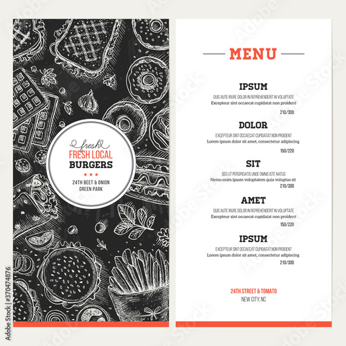 Fast food background. Linear graphic. Snack collection. Junk food. Engraved top view illustration. Vector illustration