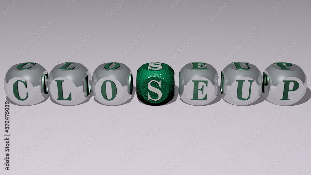 closeup text by cubic dice letters. 3D illustration. background and white