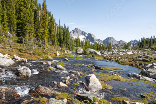 Картината върху платно Small stream near Gwillim Lakes from above, snow, rocky terrain, Valhalla Provin