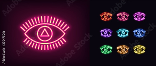 Neon magic eye icon. Glowing neon eye sign with triangular iris, spiritual vision